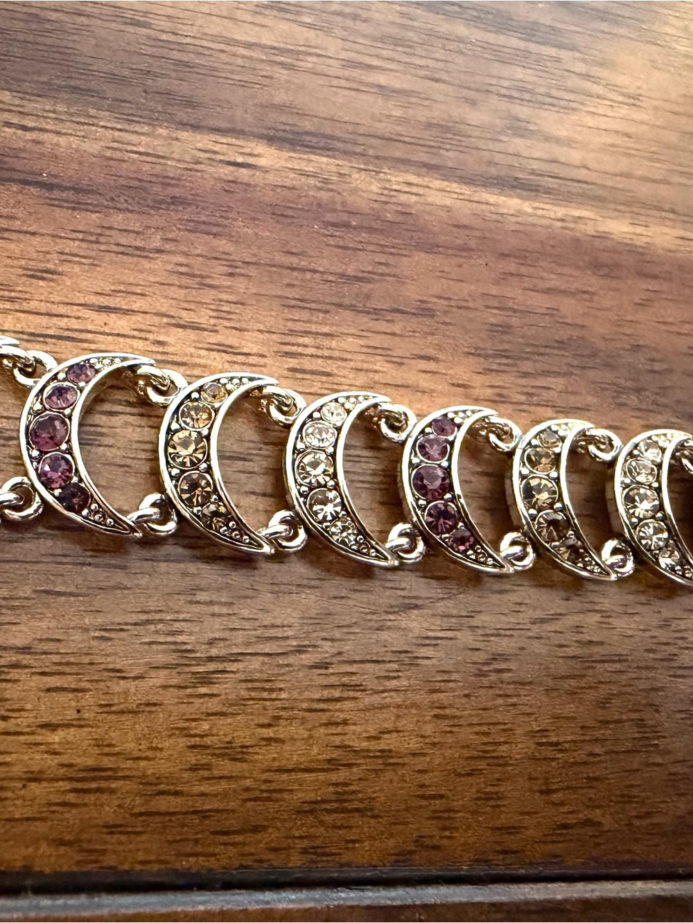 Monet Vintage Celestial Crescent Moon Link Bracelet - Purple & Topaz Rhinestones - Picture 6 of 8
